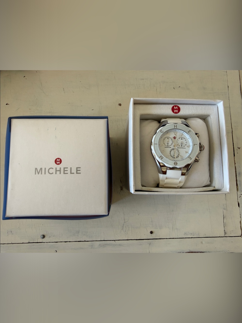 Michele Jelly Bean White Ceramic Chronograph with Silver Accents